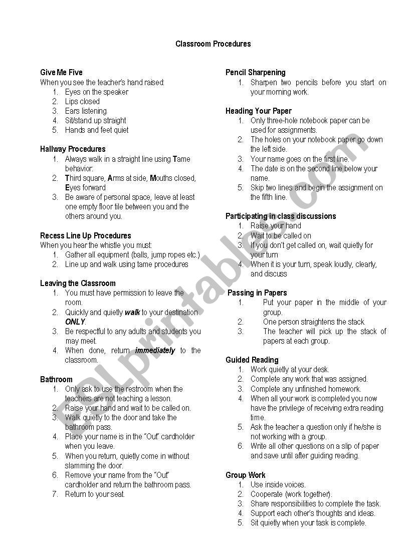 Classroom Procedures worksheet