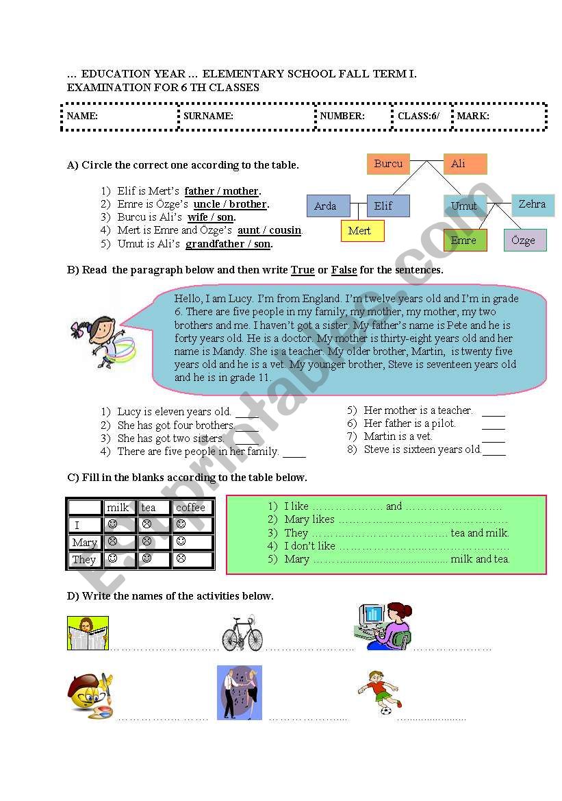 1st term 6th classes 1st exam worksheet