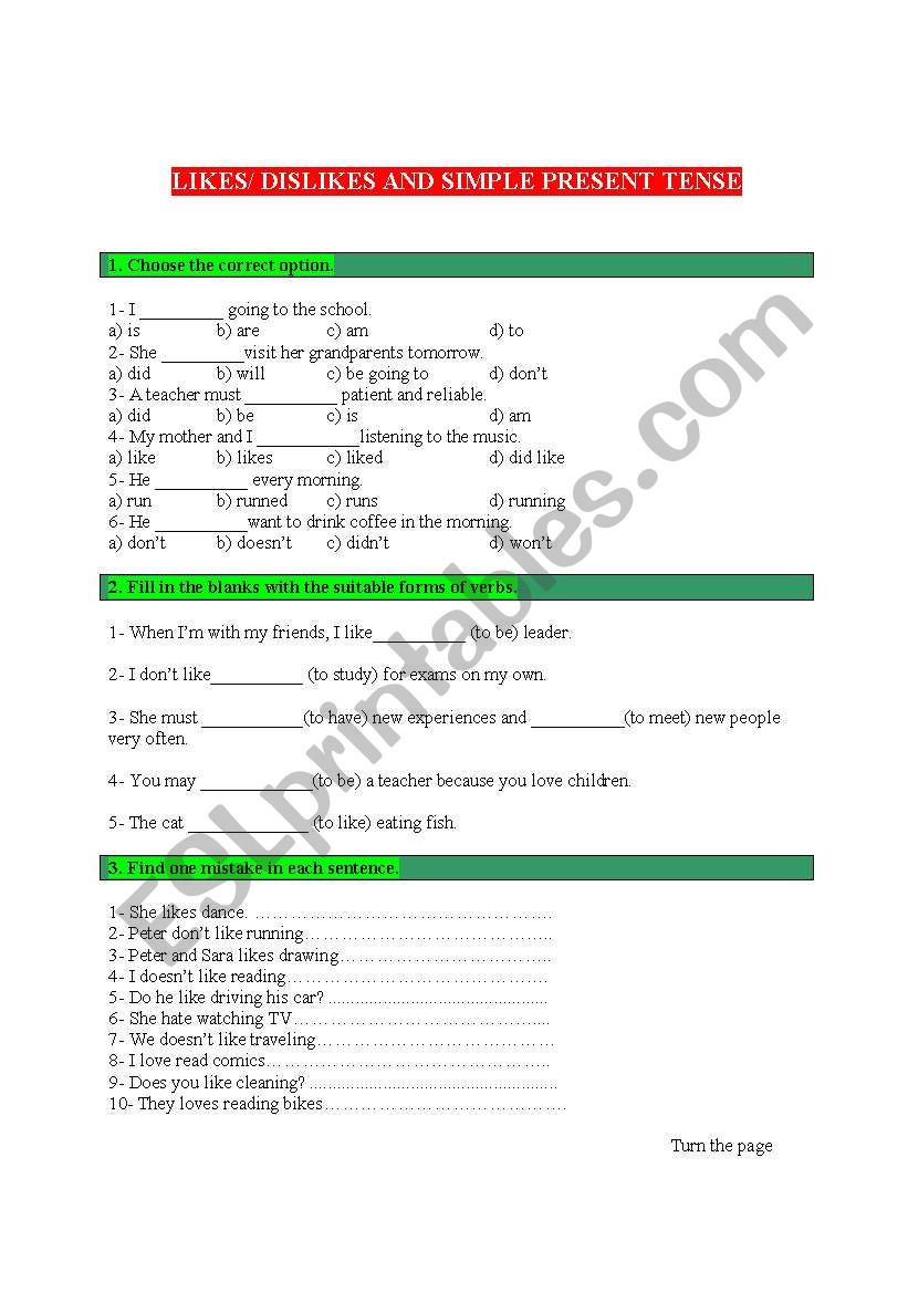 likes and dislikes / simple present tense