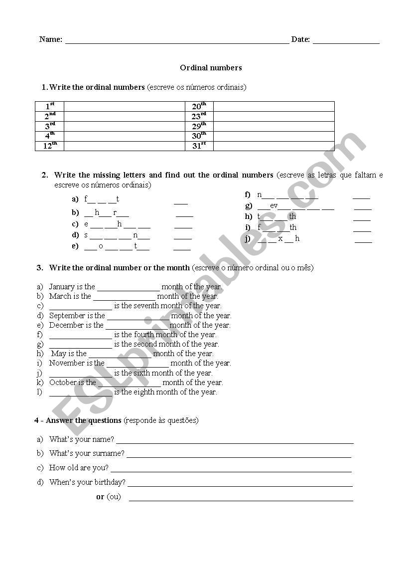 Ordinals and months worksheet