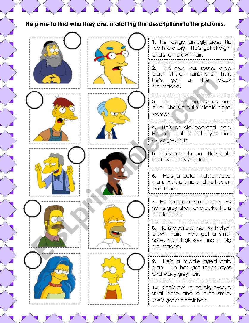 Simpsons descriptions worksheet