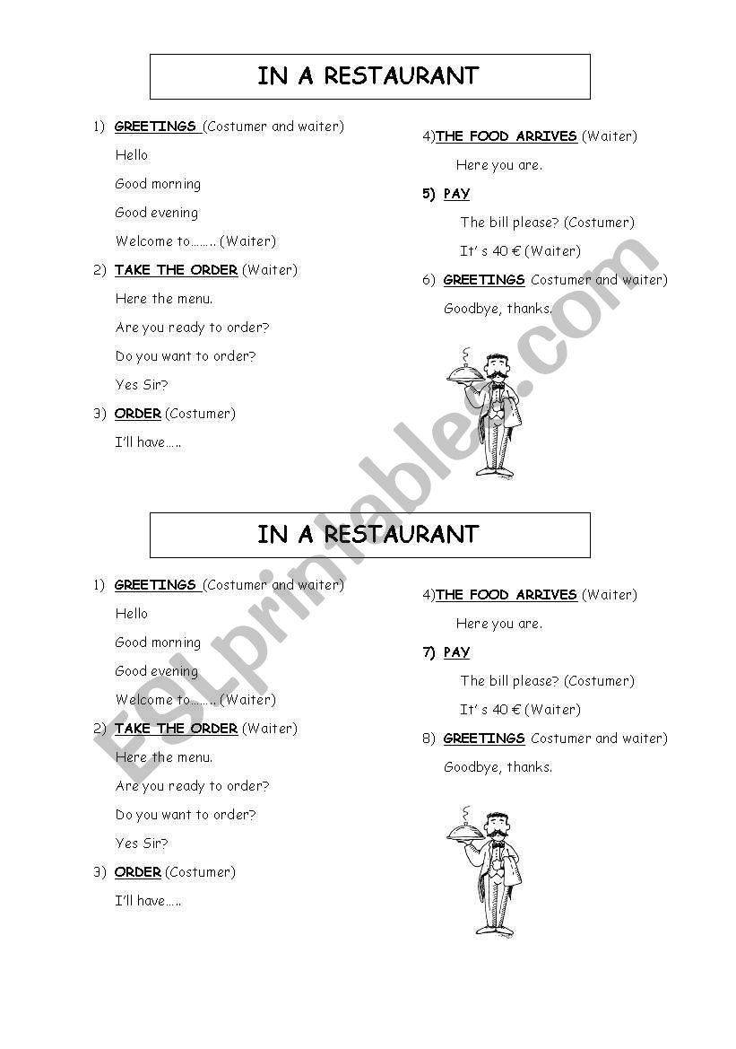 At the restaurant worksheet