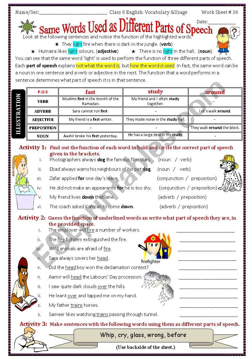 Same Words Used As Different Parts Of Speech ESL Worksheet By Jasmine 