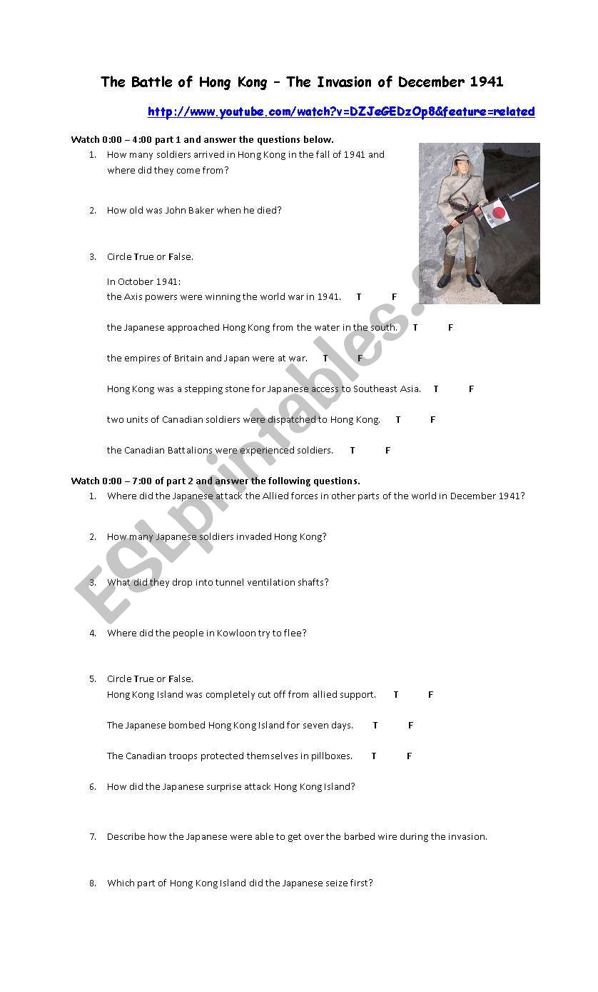 The Battle for Hong Kong worksheet