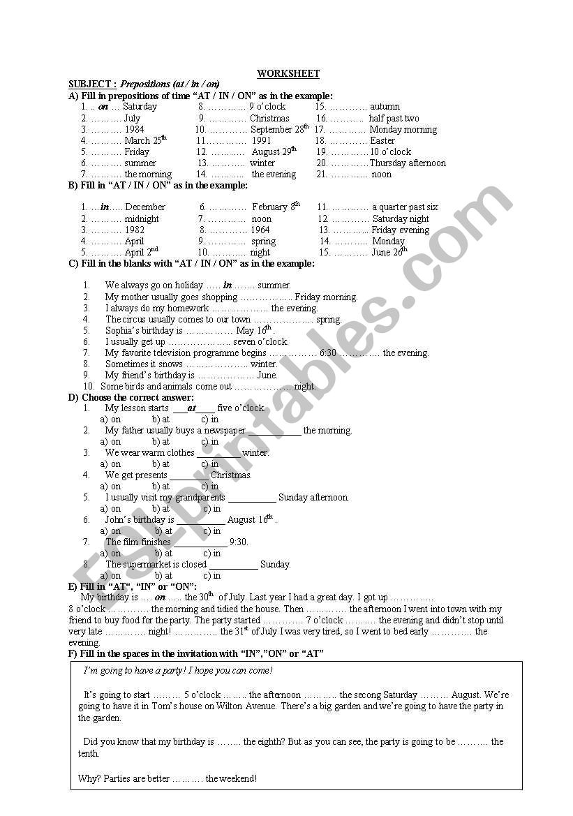 prepositions worksheet