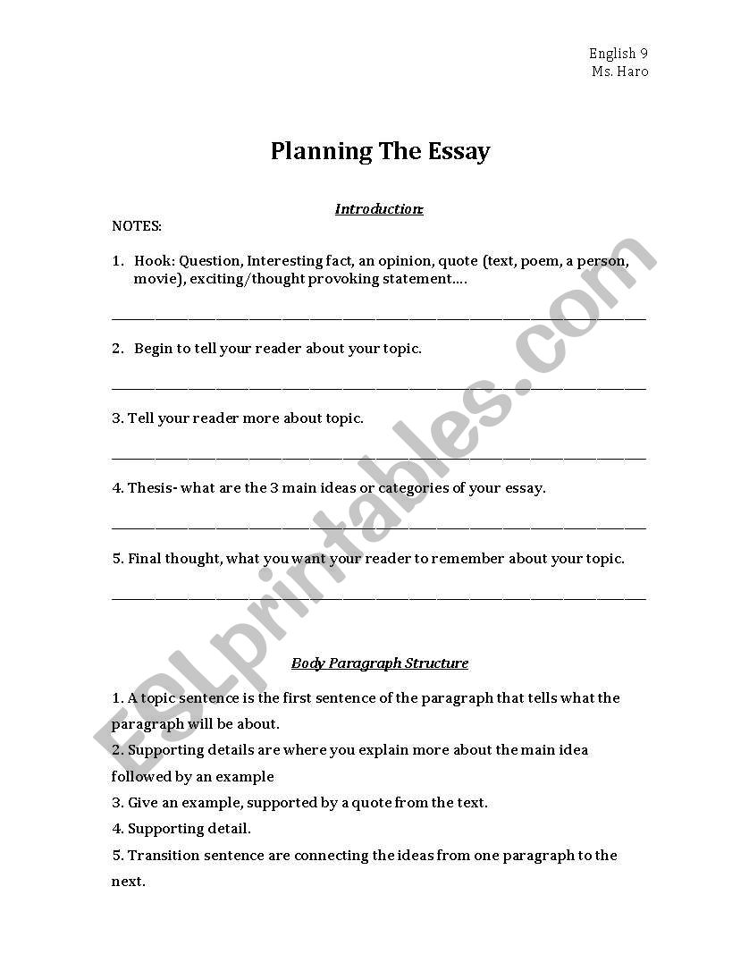 essay planning worksheet