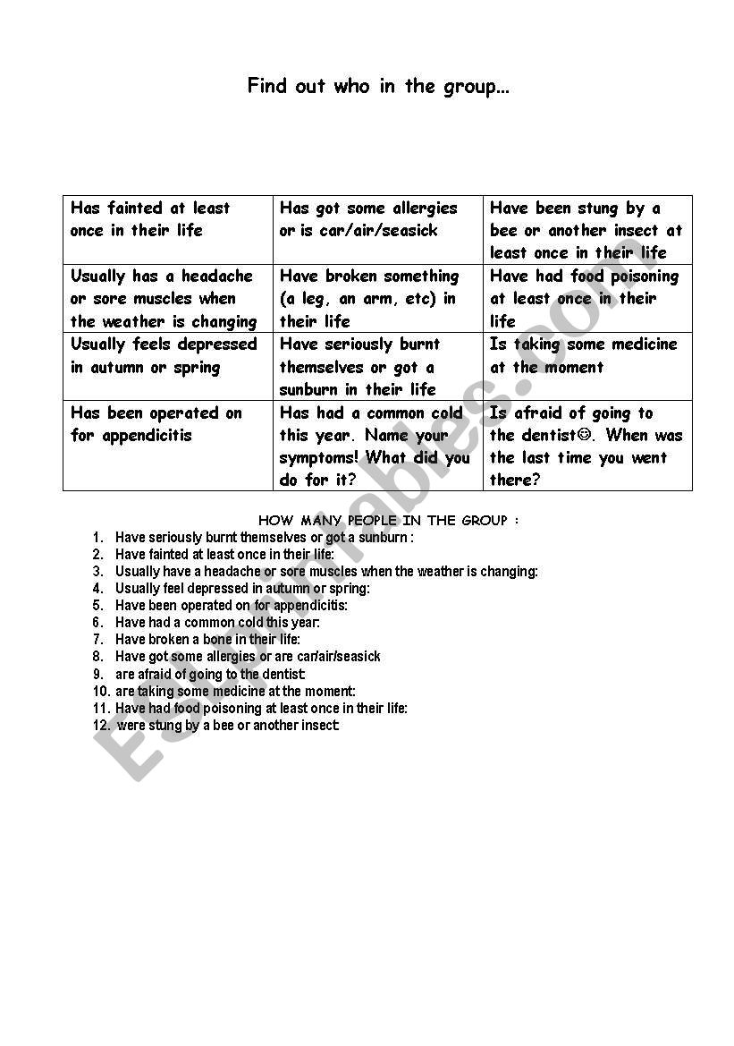 Warm-up (health. diseases) worksheet