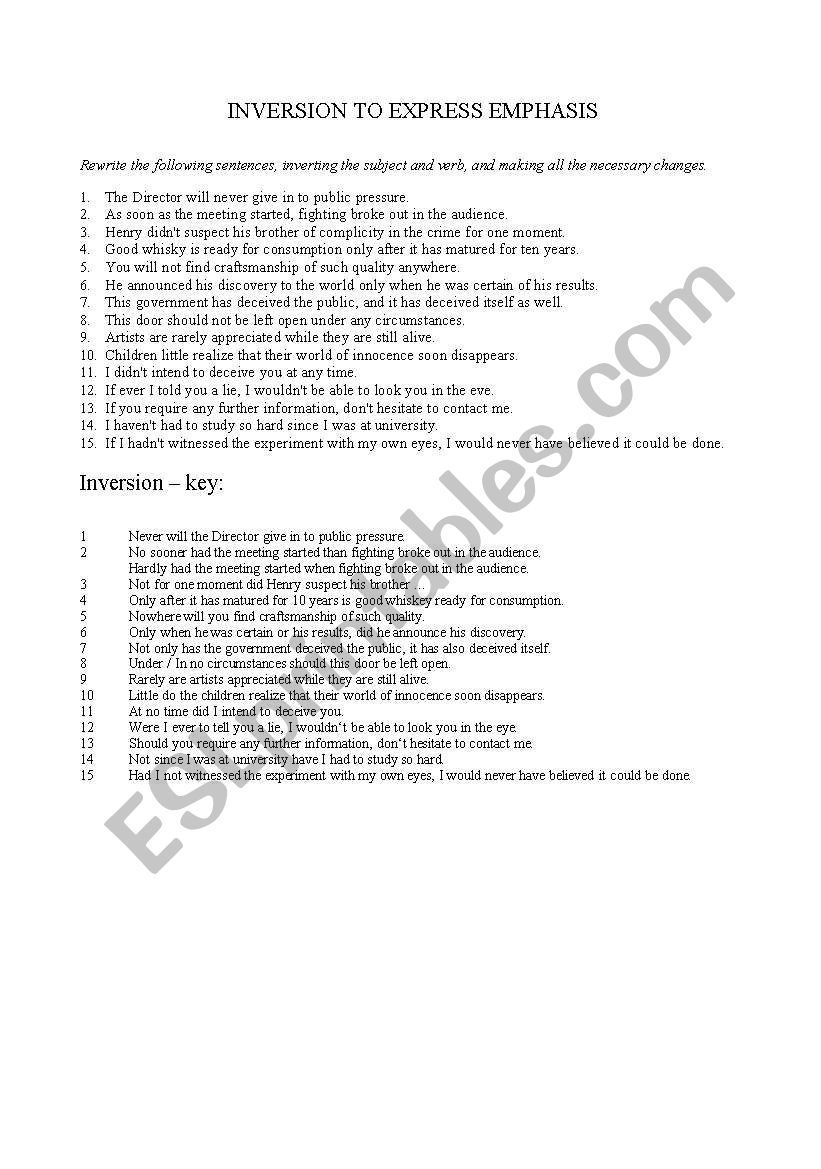 Inversion sentences worksheet