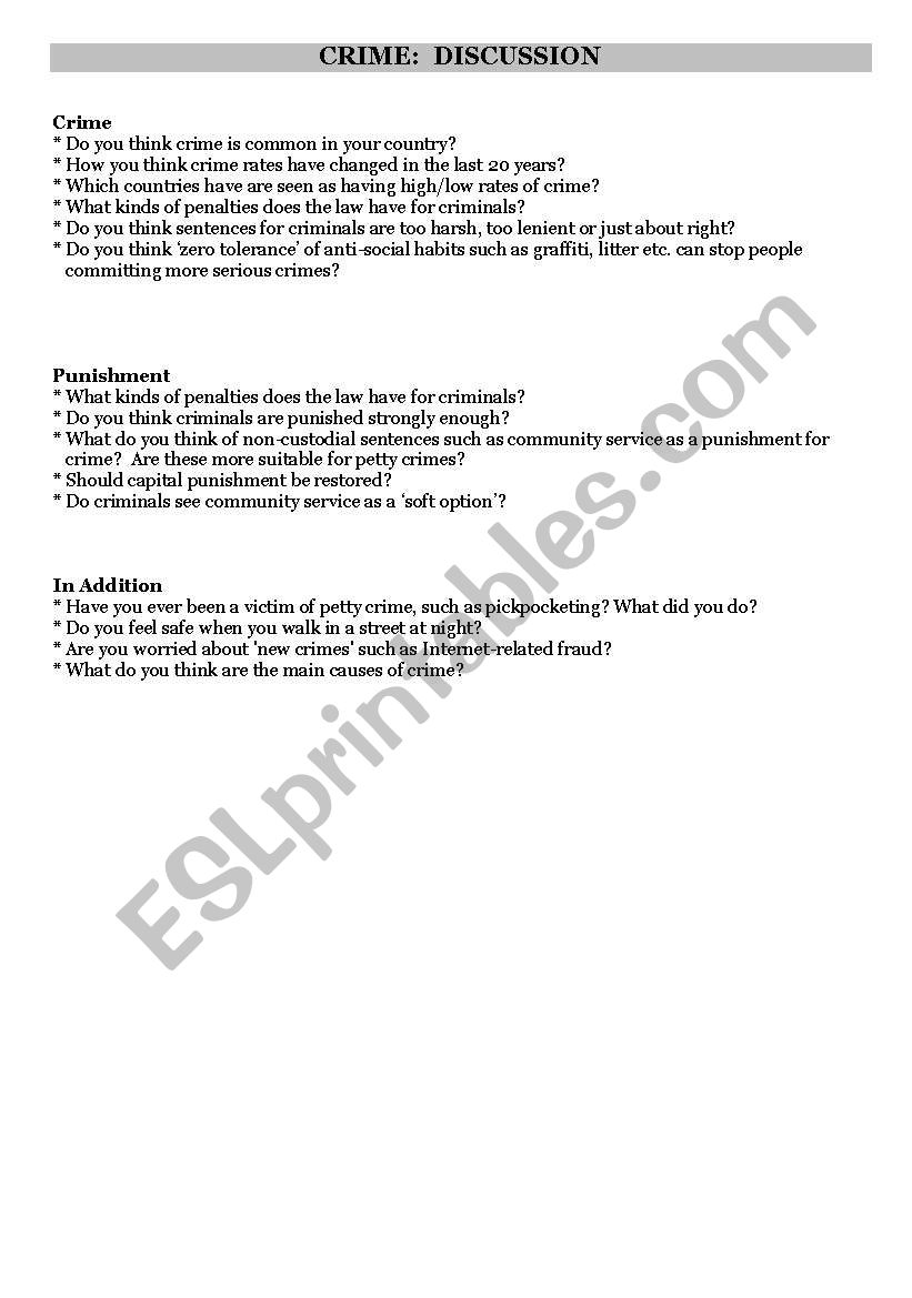 Crime discussion  worksheet