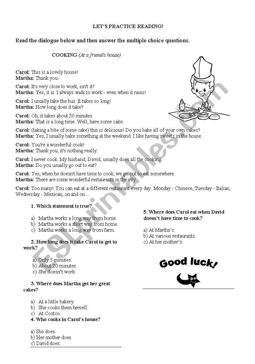 Reading Cooking worksheet