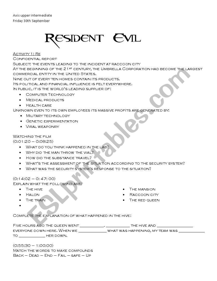 Video Session: Resident Evil worksheet