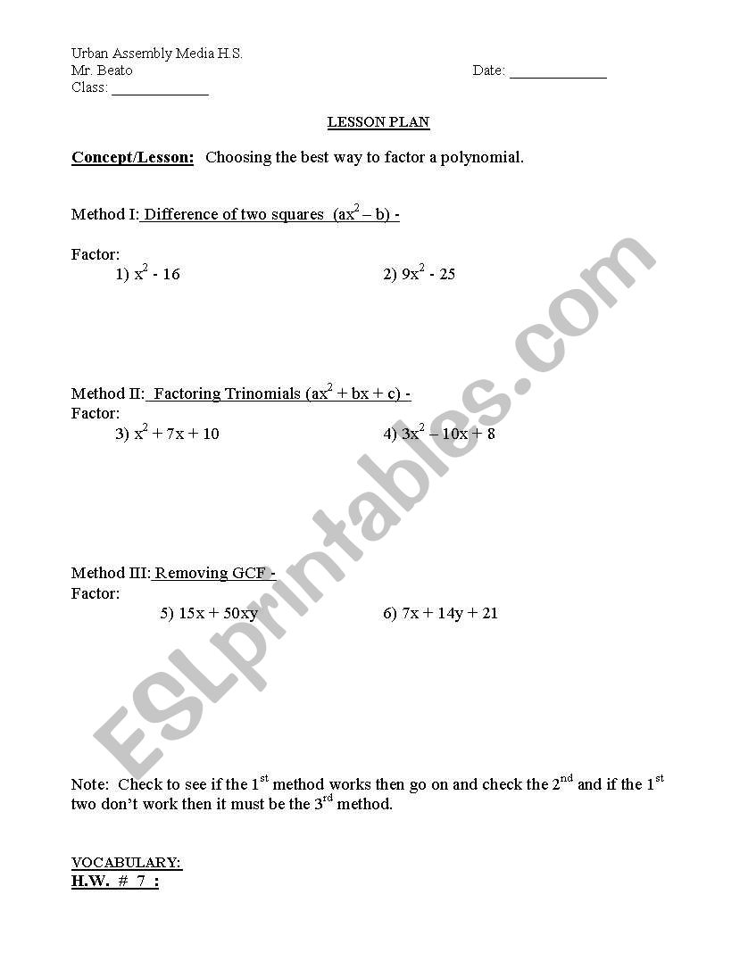 Factor Review worksheet