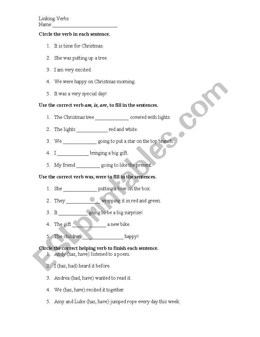 Linking Verb Test worksheet