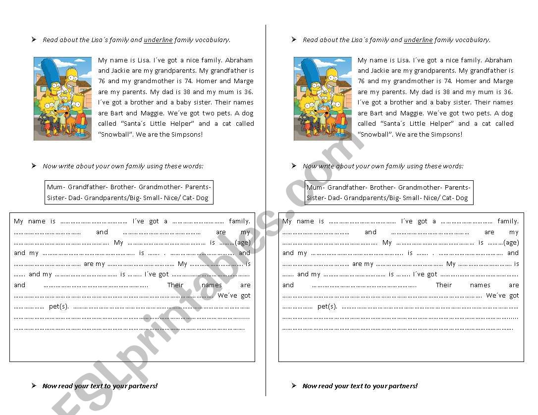 Reading and writing. Family vocabulary with Have/Has Got