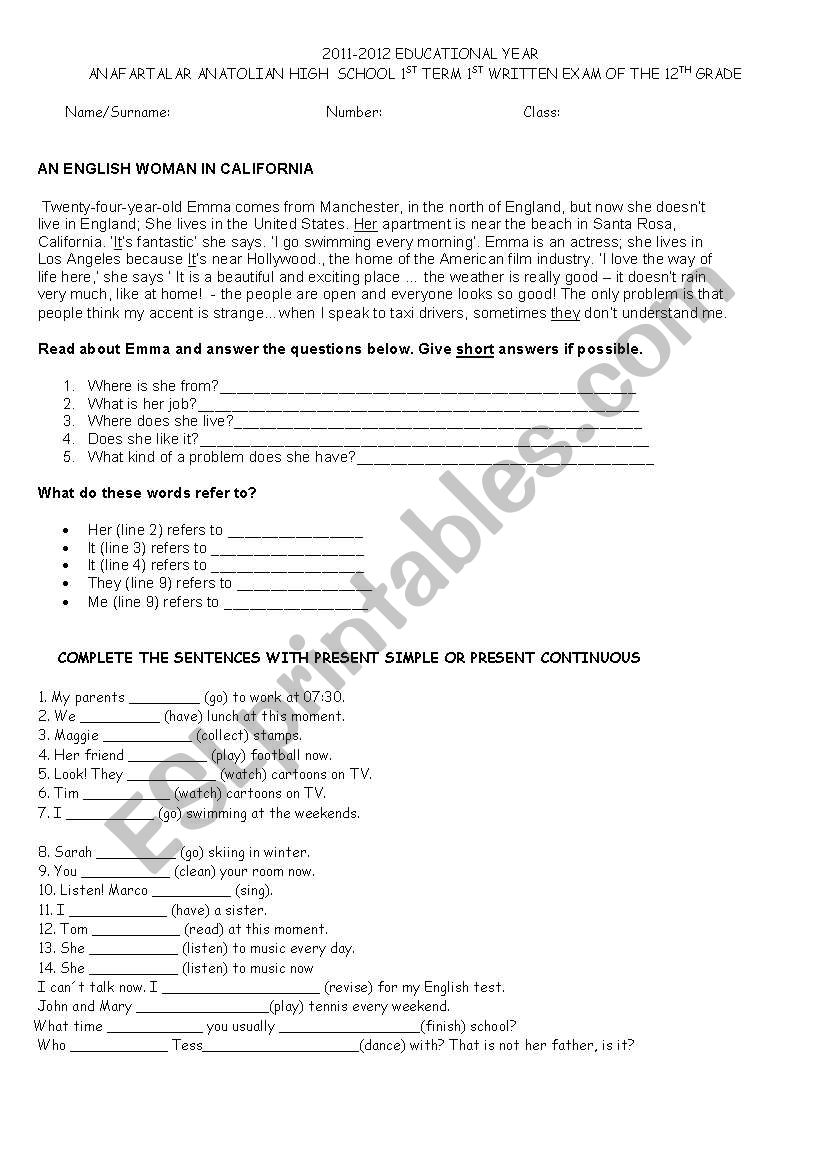 12 th grade wrtten exam worksheet