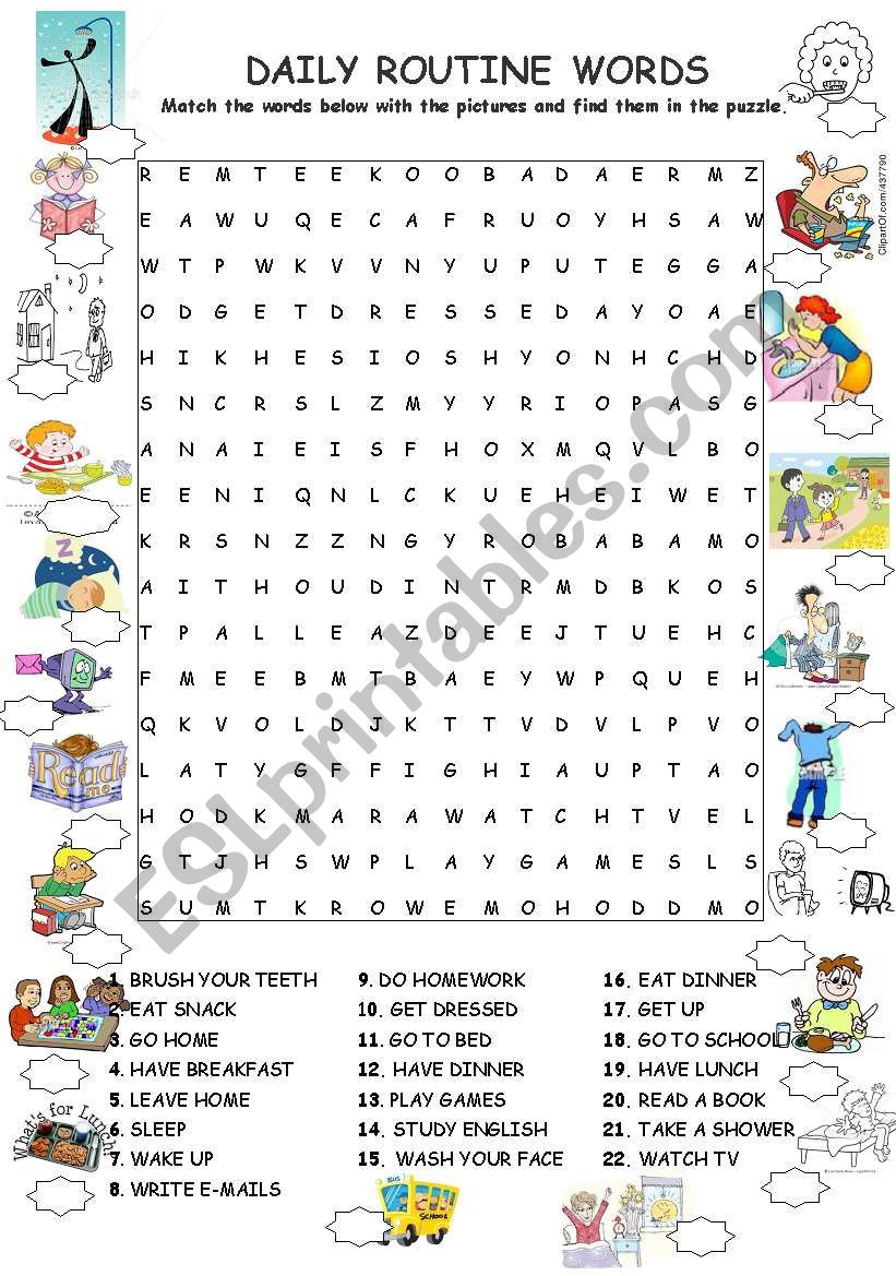 DAILY ROUTINE WORDSEARCH ESL Worksheet By Guveri