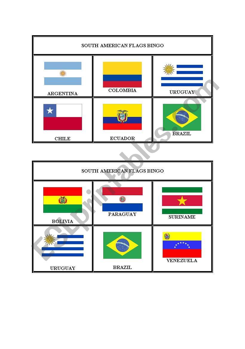 South American flags Bingo - 1st sheet