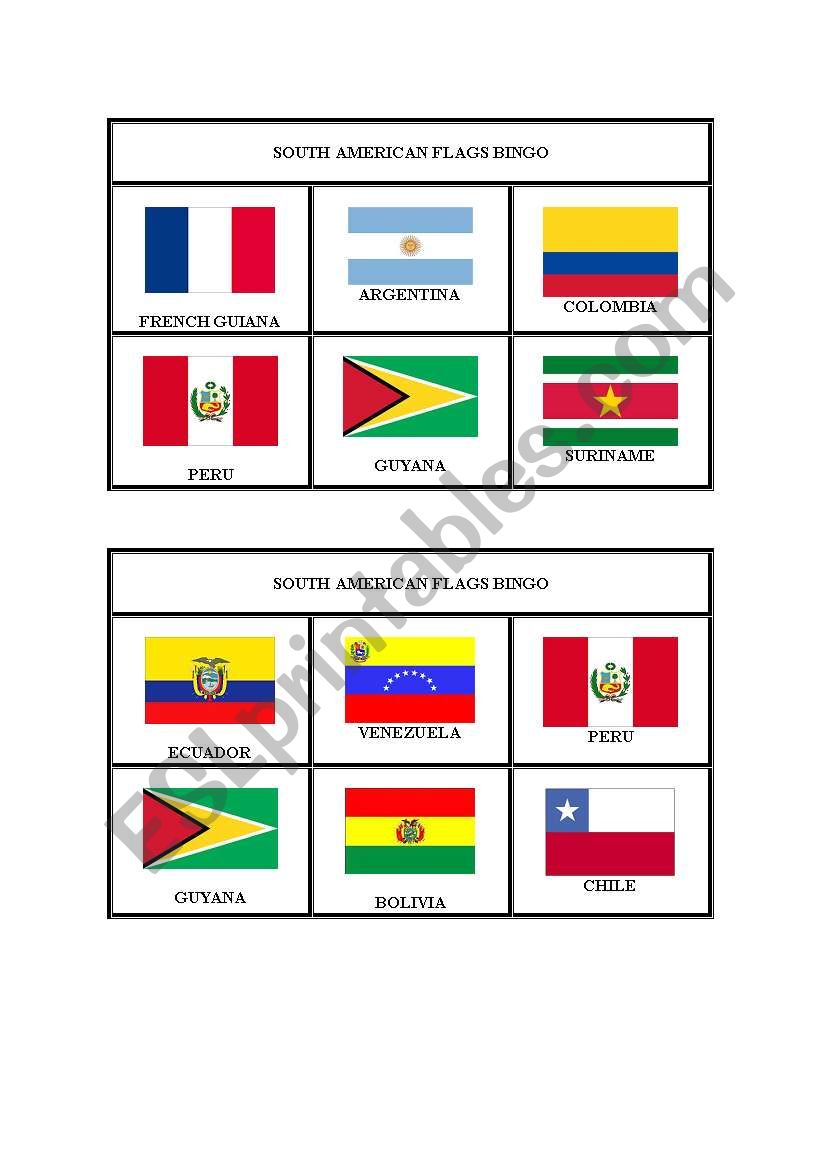 South American flags Bingo - 2nd sheet