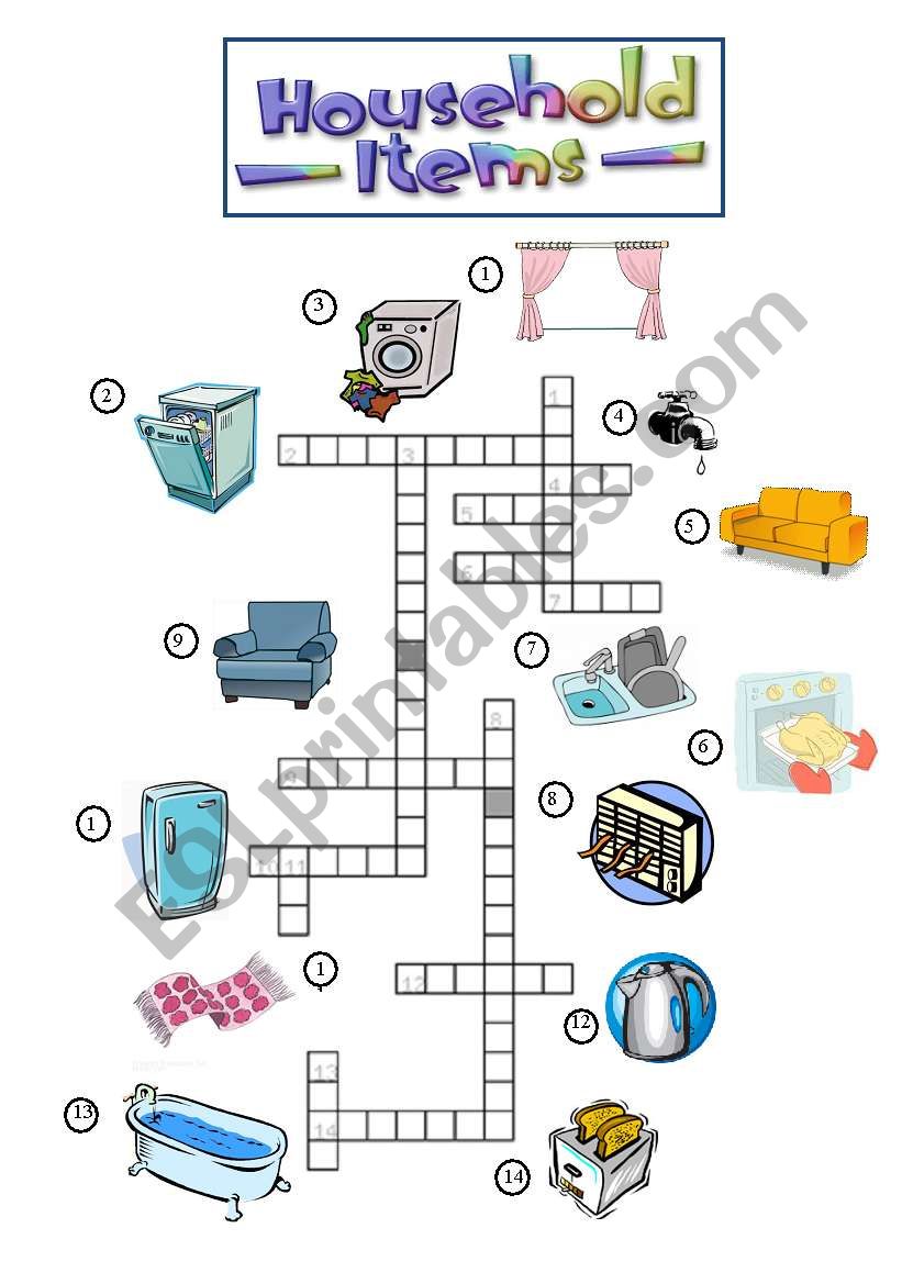 Household Items Crossword ESL worksheet by eslandrea