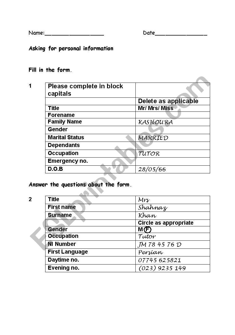 completing a form esol worksheet