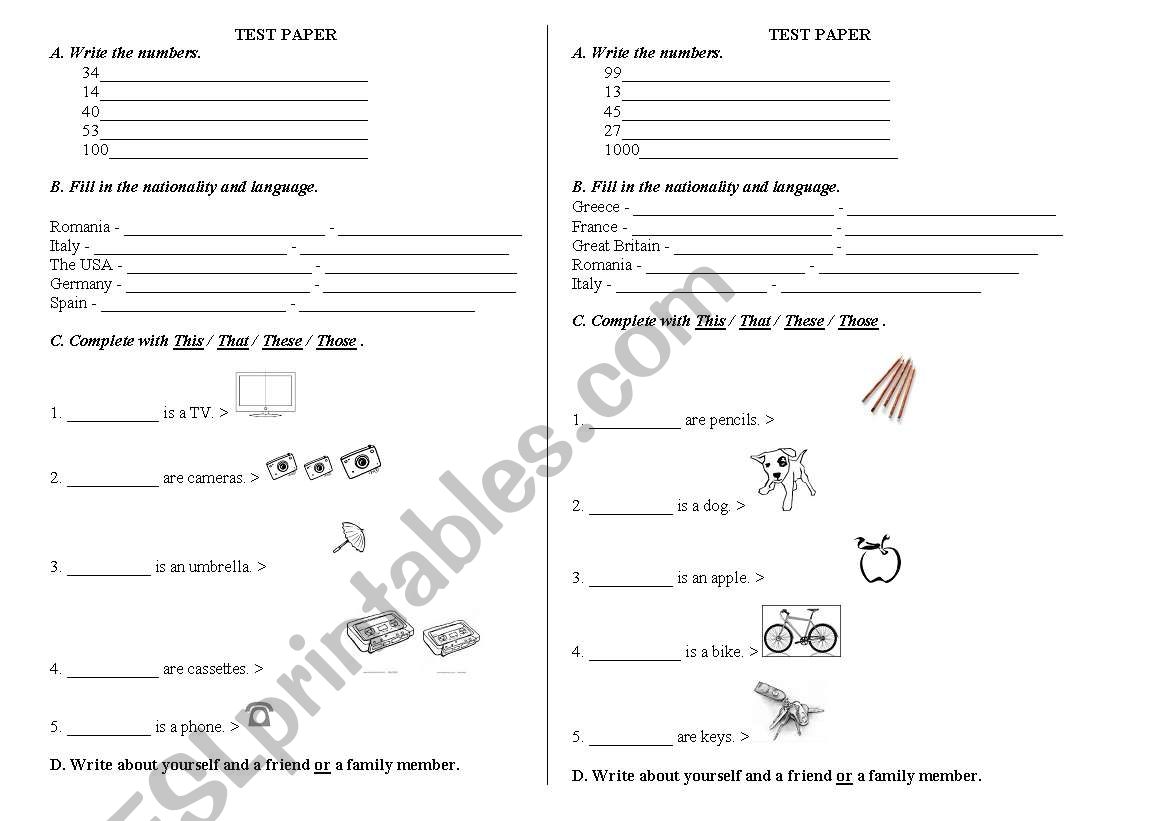 Beginners test - 2 variants worksheet