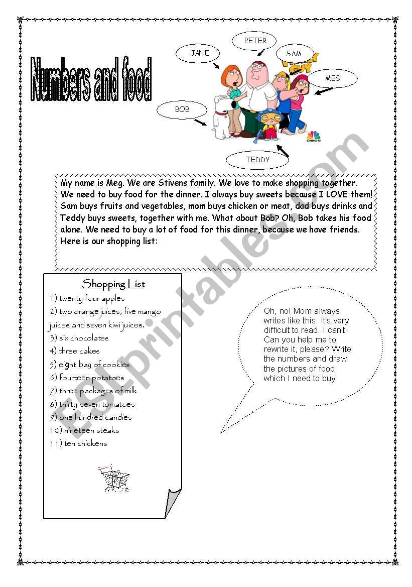 numbers and food worksheet