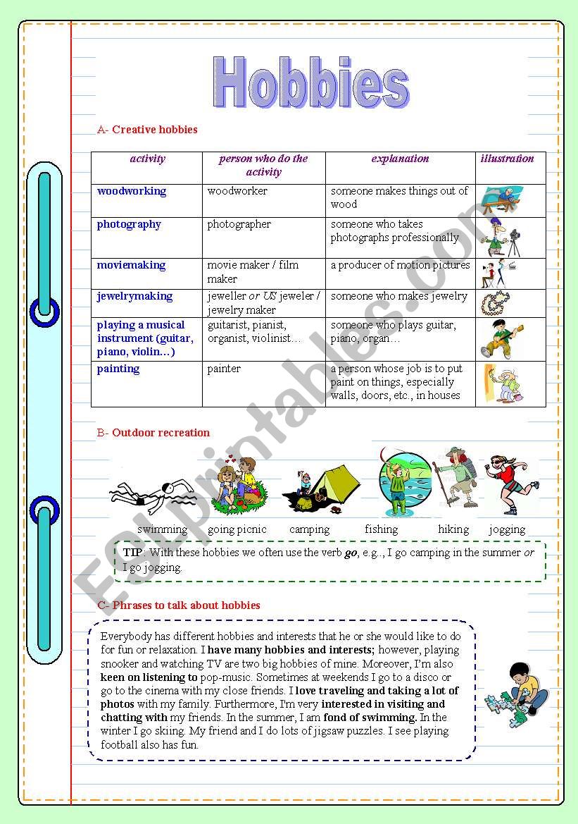 hobbies worksheet