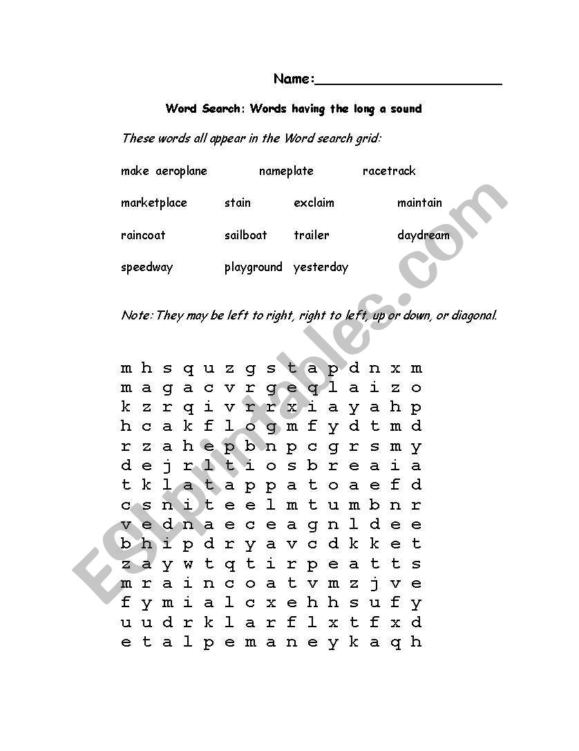 Long a Word Search worksheet