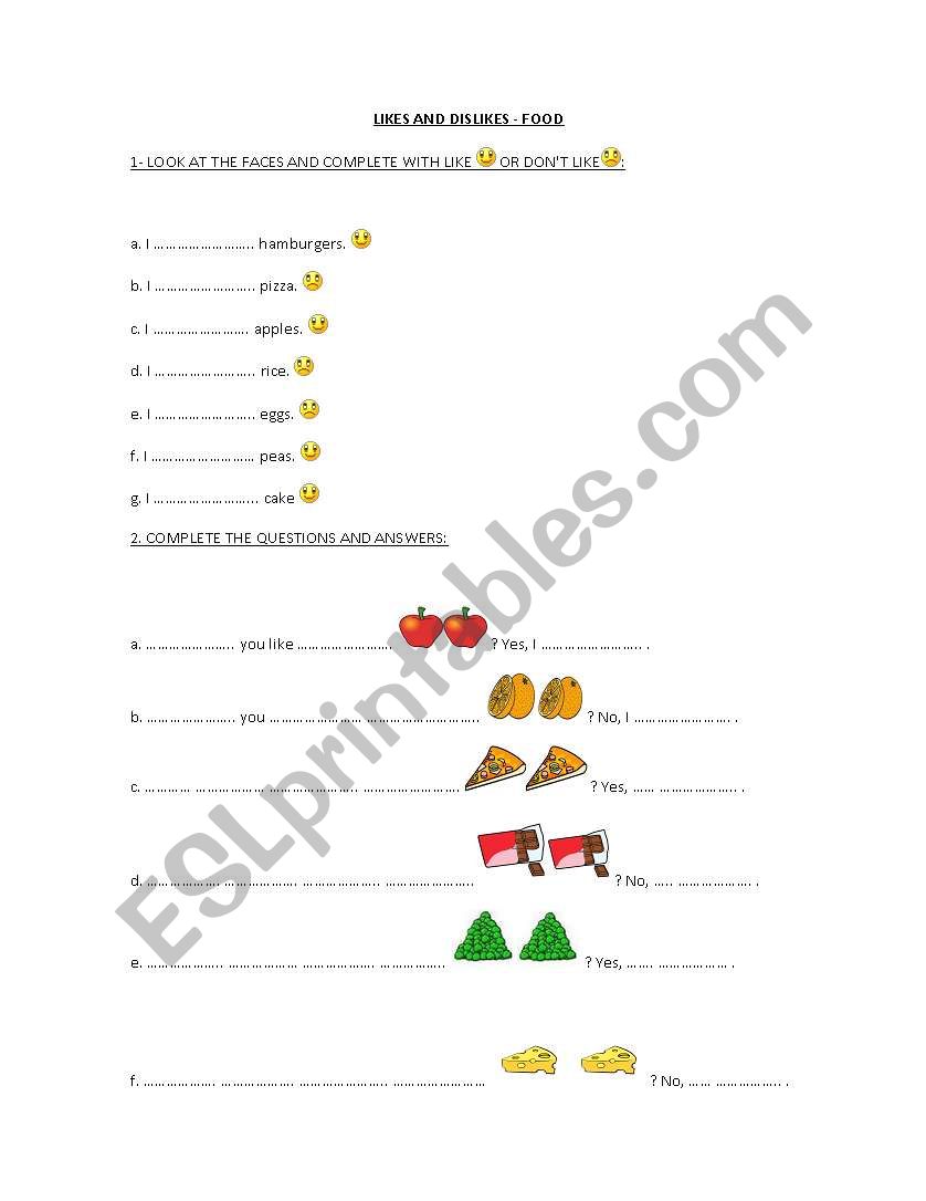 Likes and Dislikes worksheet