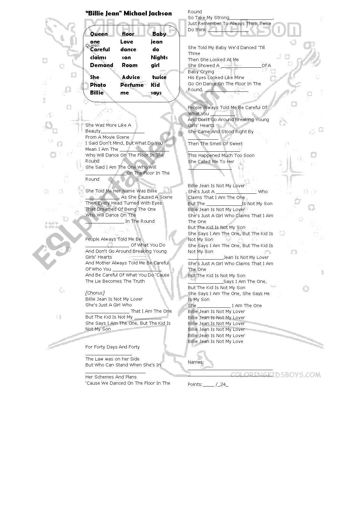 billie jean  worksheet