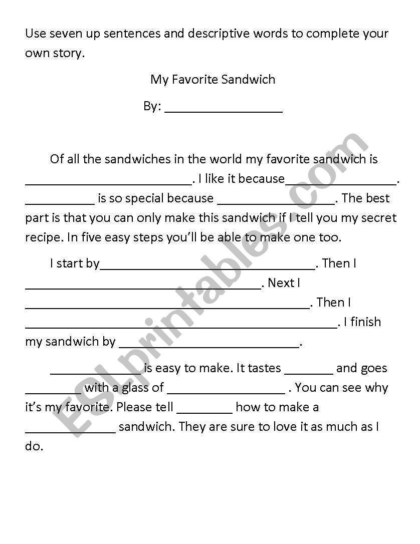 My Favorite Sandwhich Story Writing Worksheet