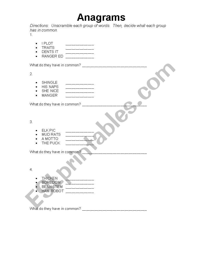 Anagrams worksheet