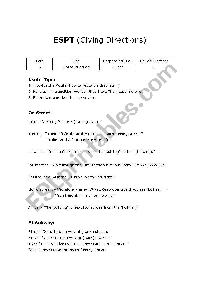 Giving Directions worksheet