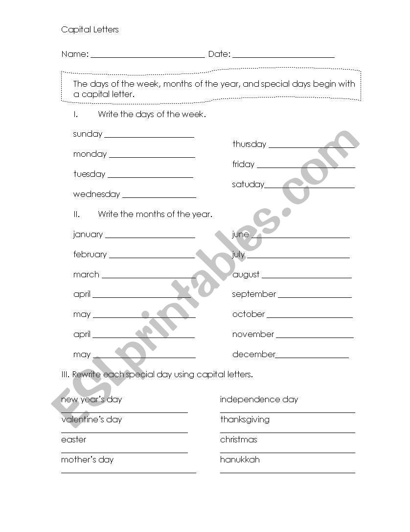 Capital Letters worksheet