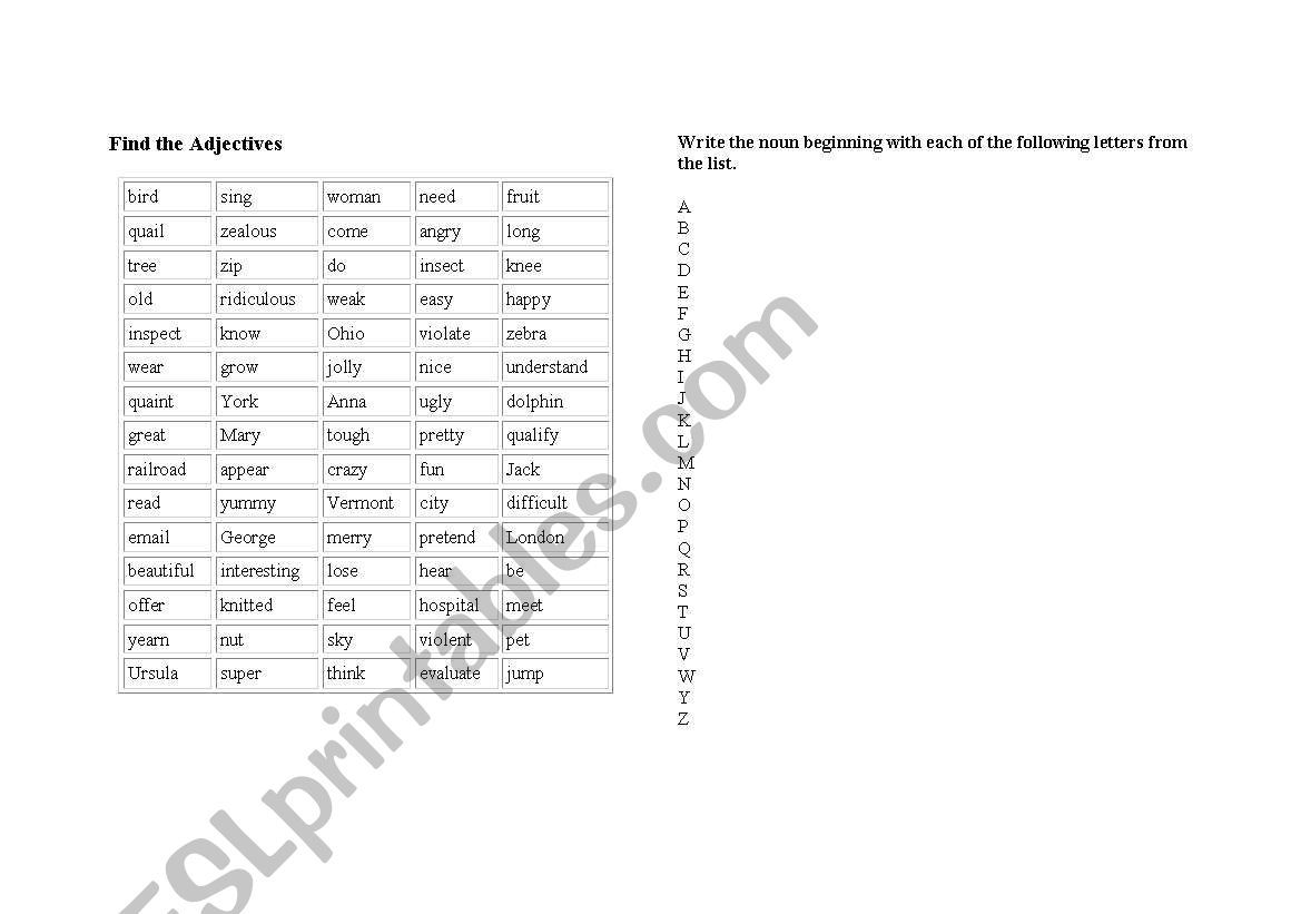 Fin the adjectives worksheet