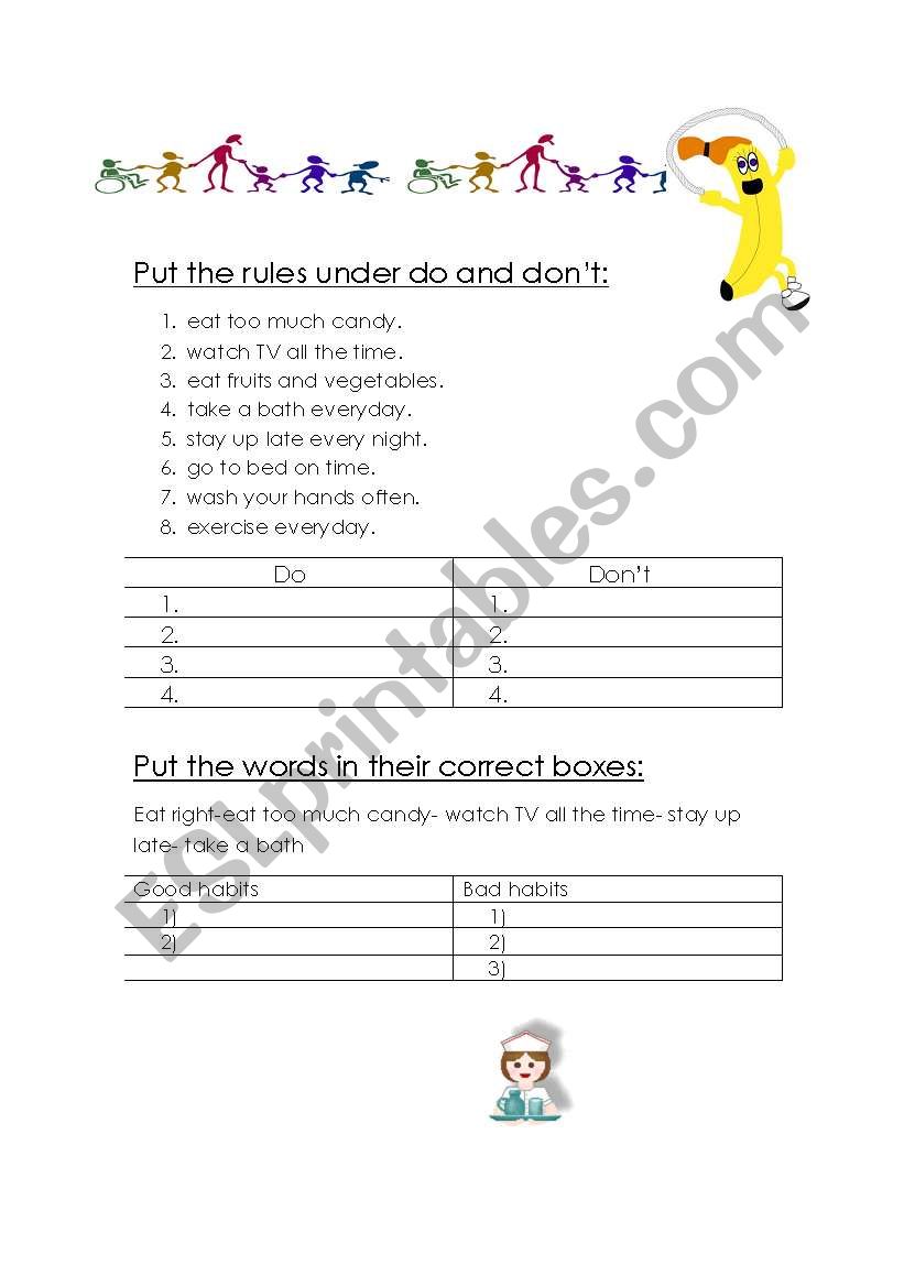 classify heath habit worksheet