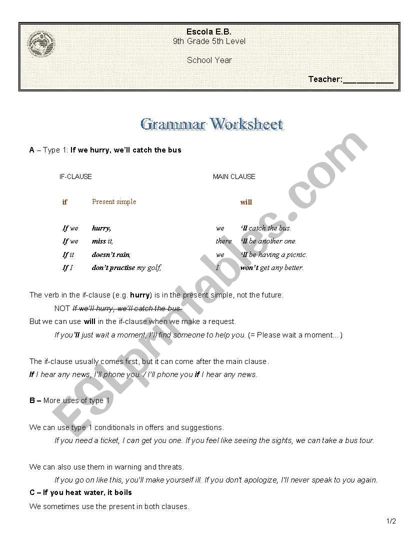 If clauses type I worksheet