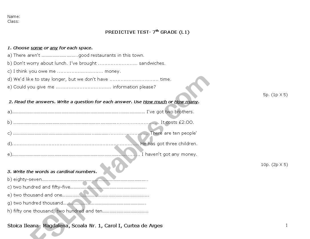 predictive test, 7th grade worksheet