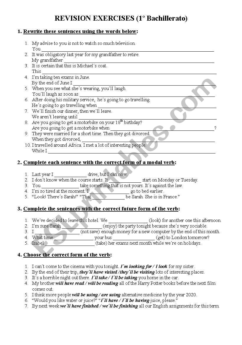 revision for 1º Bachillerato - ESL worksheet by viktor70