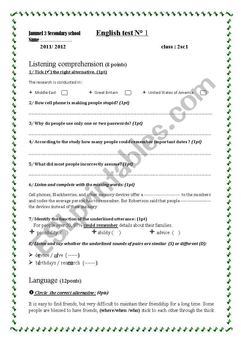 English test for tunisian pupils 2nd form