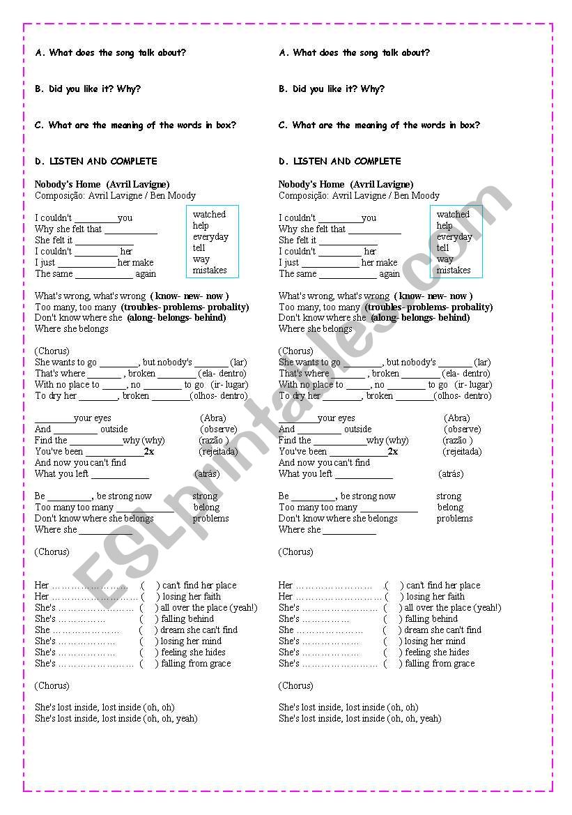 music: nobodys home worksheet