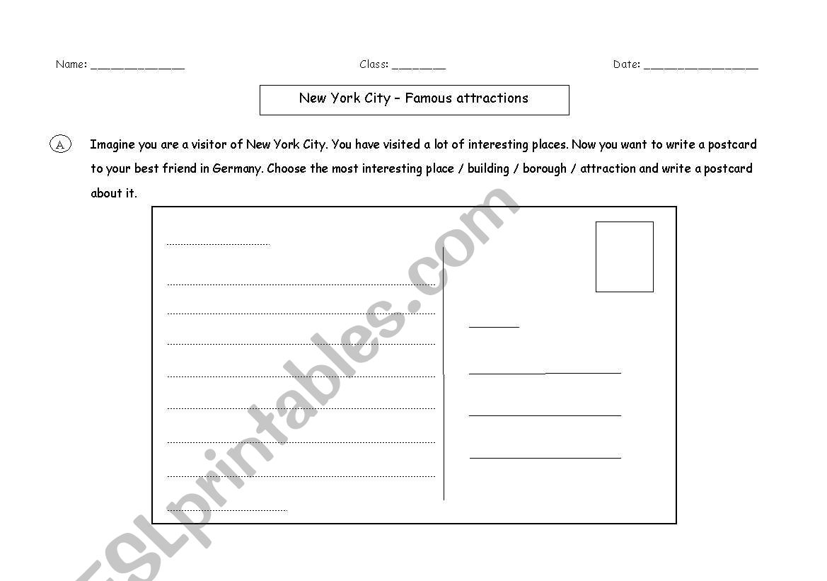 New York City Postcard worksheet