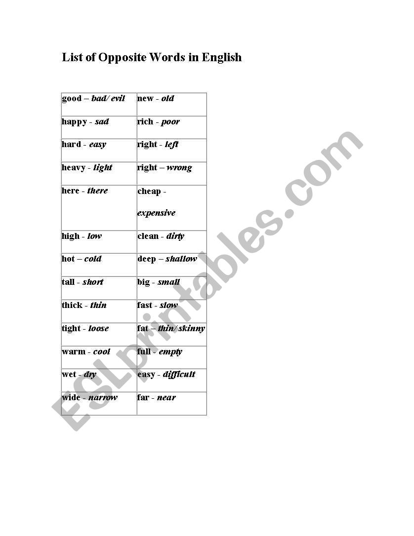 list of opposite words worksheet