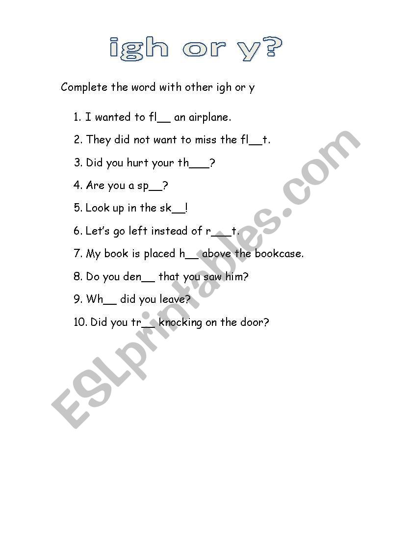 y or igh (long i) worksheet