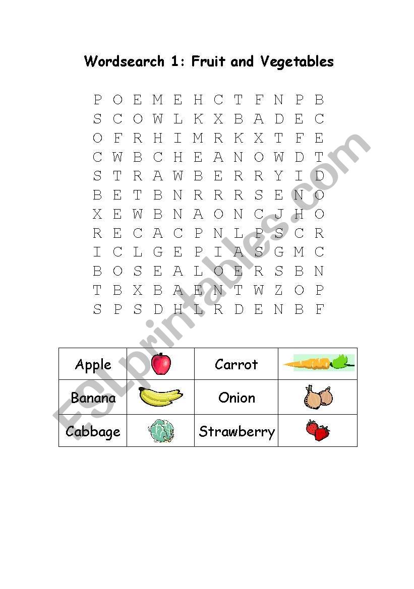 Wordsearch with fruit and vegetables