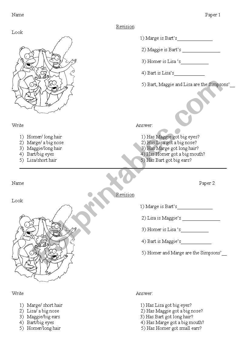 Family revision worksheet