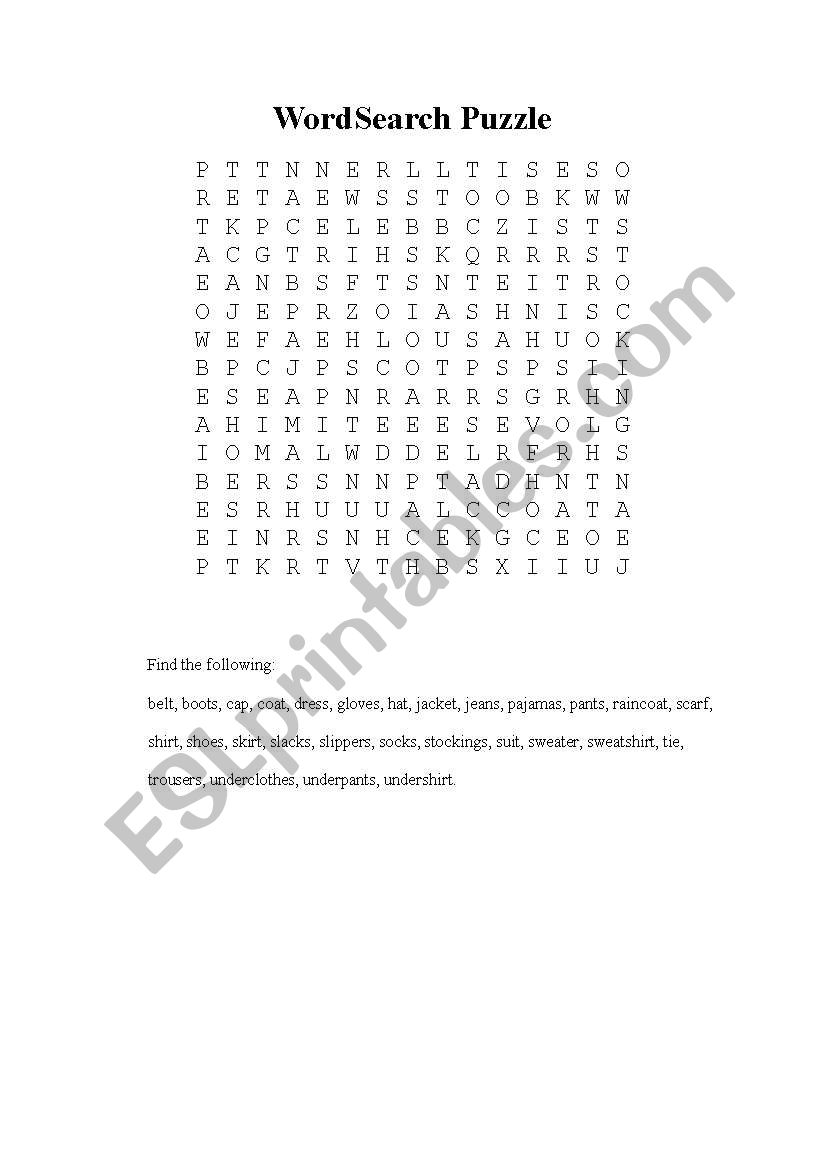 Wordsearch - Clothes worksheet