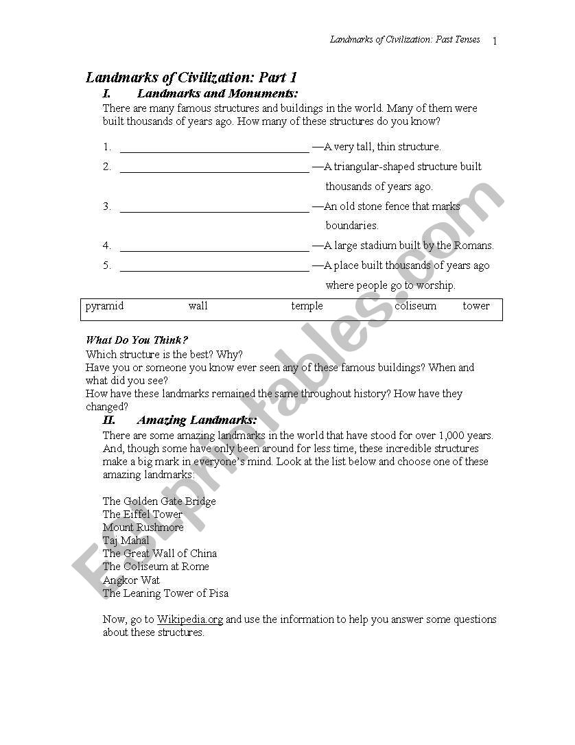 Landmarks of Civilization worksheet