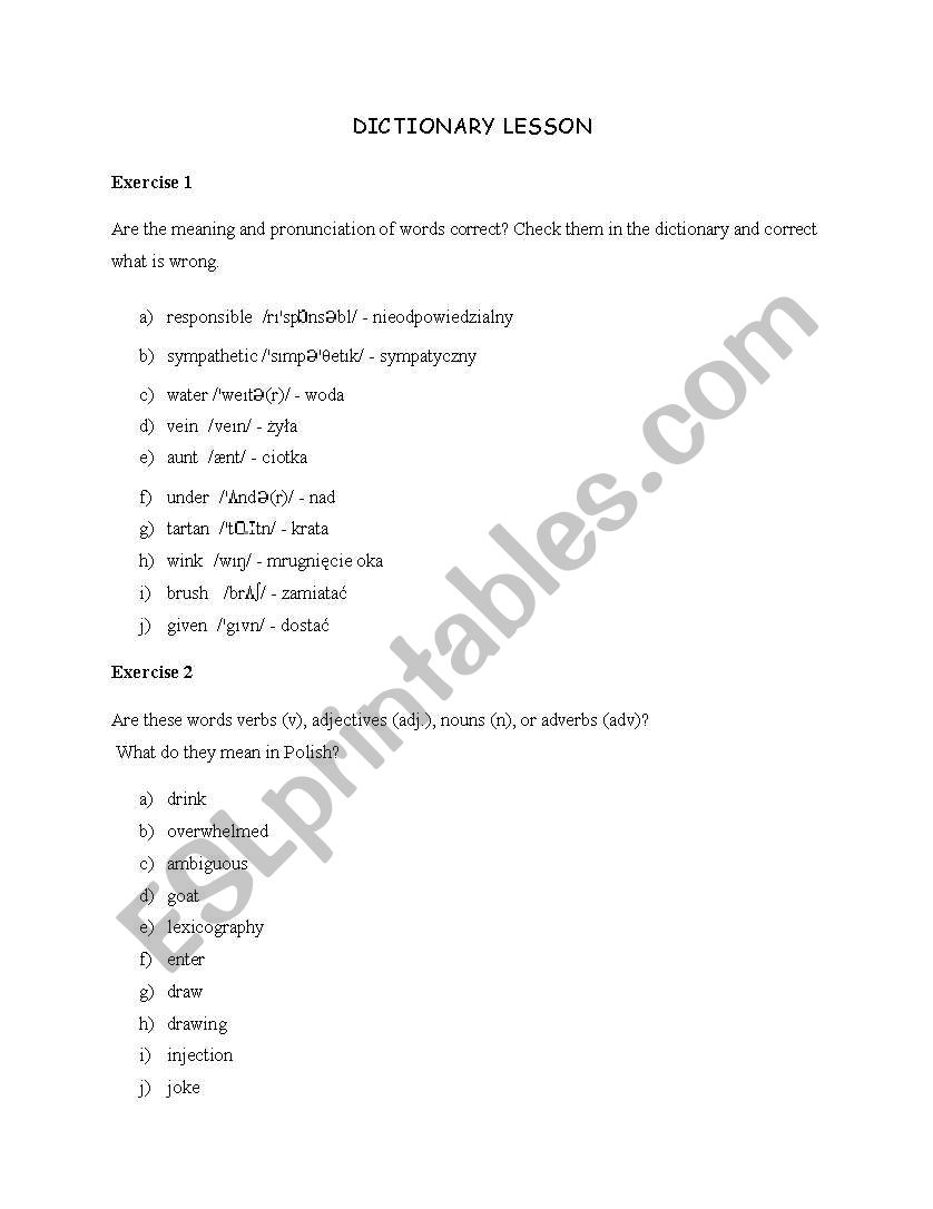 Dictionary Lesson worksheet