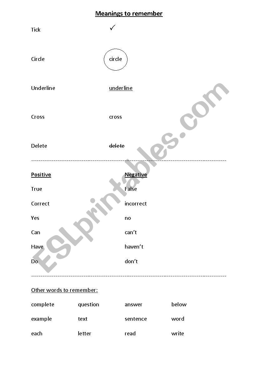 English worksheets: E1 reading exam - ´to remember´ list